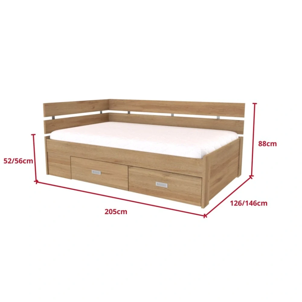 AMELIE 120/140 cm čelo u hlavy nebo rohová   - zvýšené s úložným prostorem a laťovým roštem